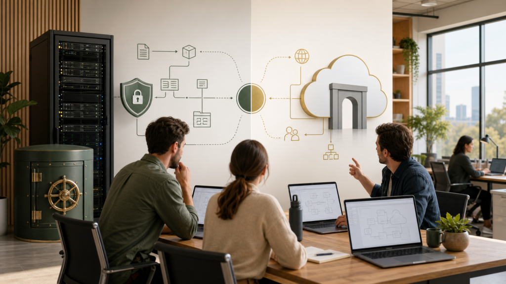 Australian SME technology team comparing a private AI server stack with a hosted cloud API architecture.