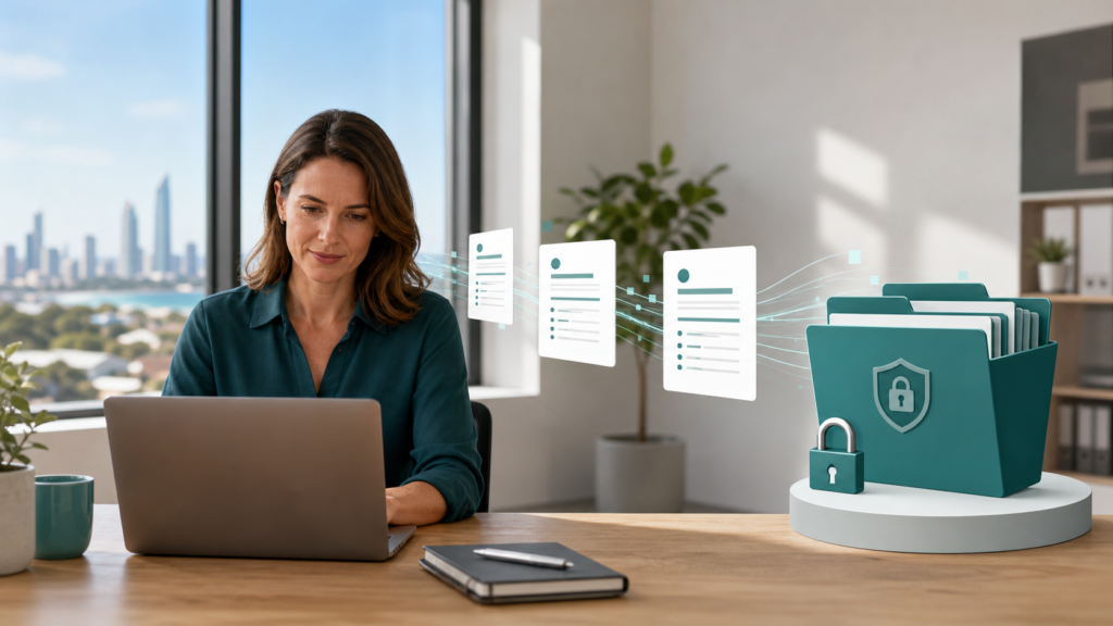 Editorial illustration of an Australian SME operator reviewing public form submissions flowing into a secure SharePoint-style records system.