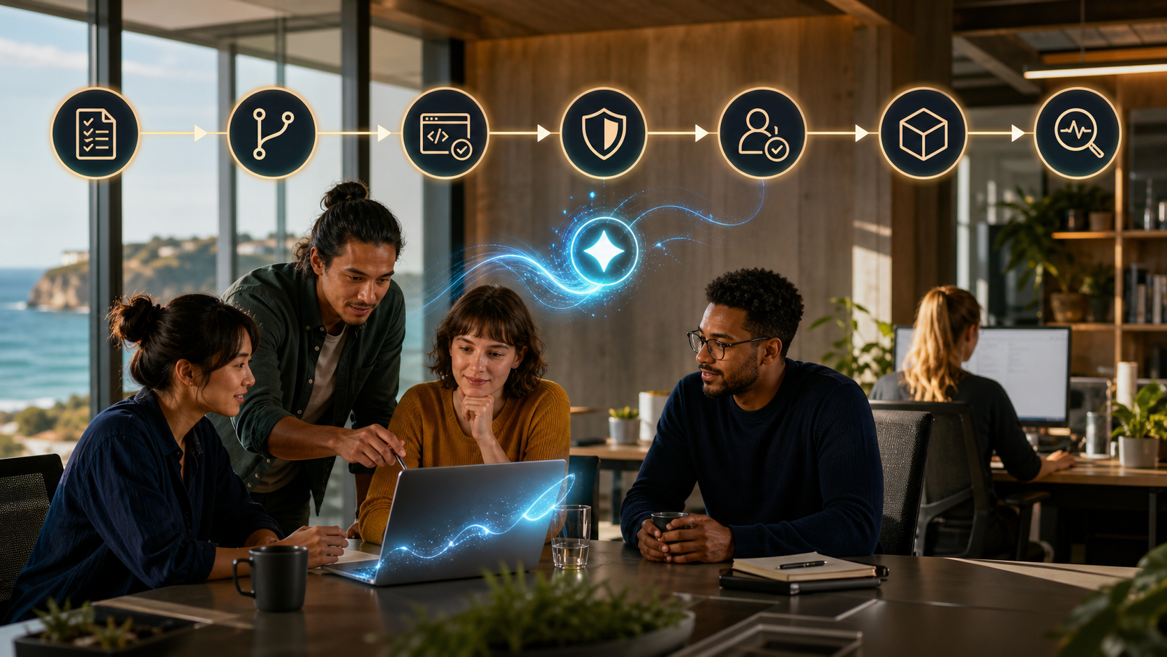 Australian software team reviewing an AI-assisted code change through testing, security, approval and release checkpoints