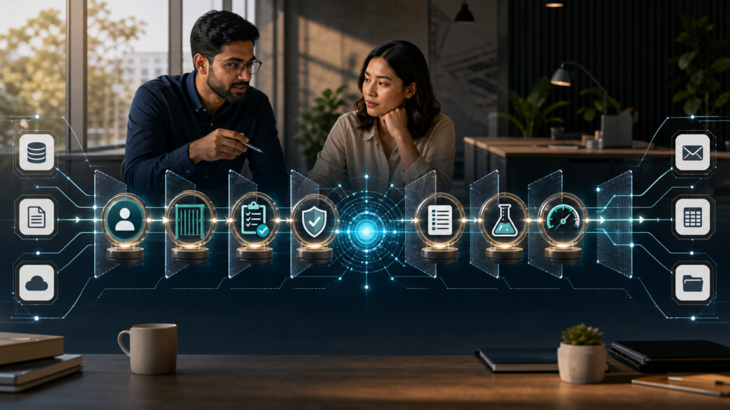 Australian operations team reviewing a secure autonomous agent workflow with seven guarded control points