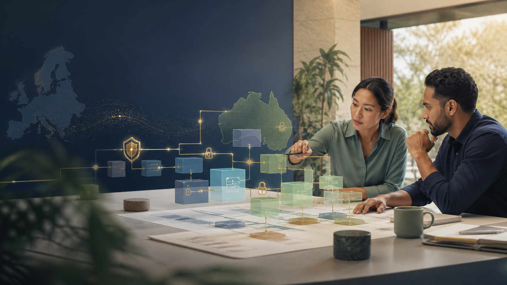 Australian technology team reviewing an abstract AI governance map connecting regulatory controls, data security and human approvals.