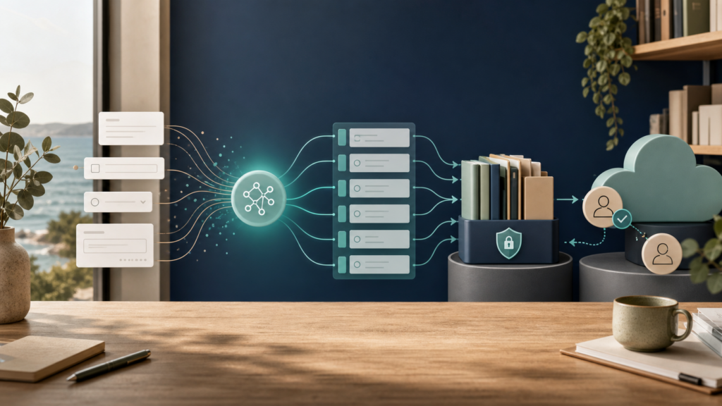 Conceptual AI-assisted business intake pipeline connecting a public form to secure records and human approval.