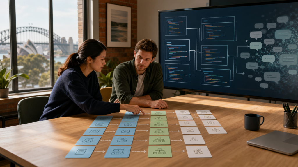 Two software engineers following structured requirements and test cards into abstract code in an Australian office.