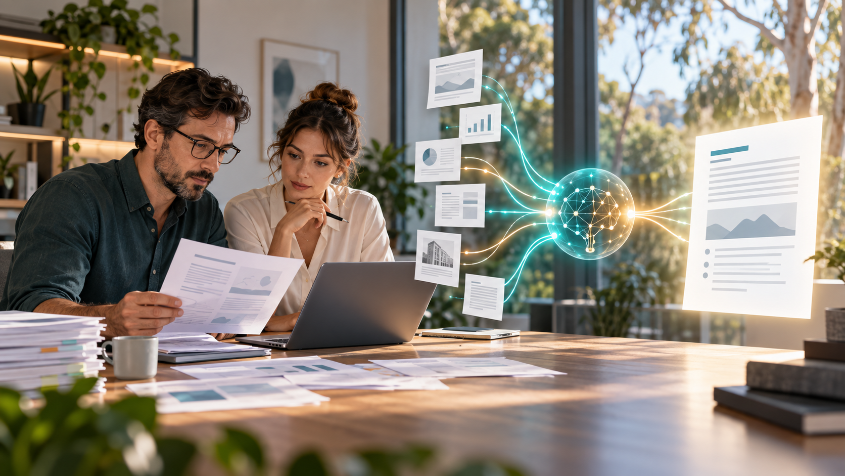 Editorial illustration of an Australian business team tracing approved source documents into an AI-assisted draft