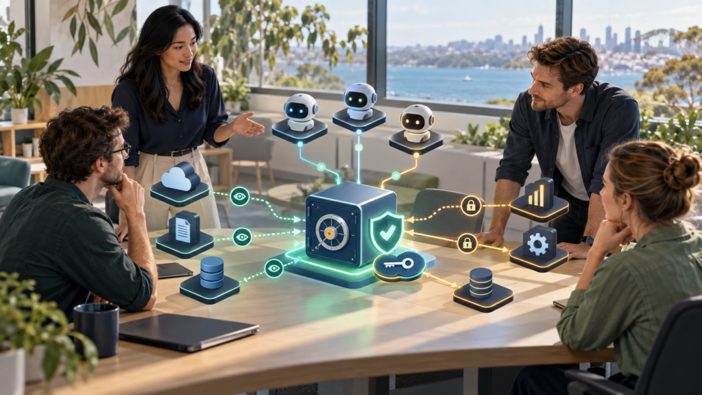An Australian small-business technology team reviewing secure MCP connections and protected credentials on a conceptual network diagram