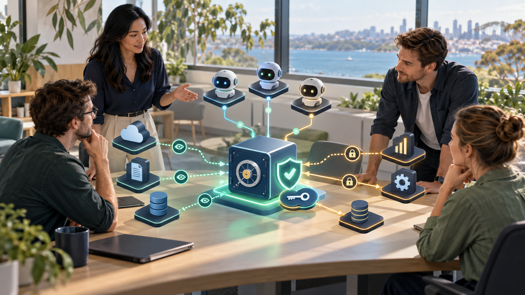 An Australian small-business technology team reviewing secure MCP connections and protected credentials on a conceptual network diagram