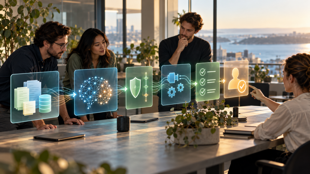 Australian software team reviewing layered AI application tests across data, models and business systems