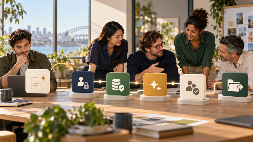 Australian business team reviewing a modular shared AI application workflow from intake to human approval